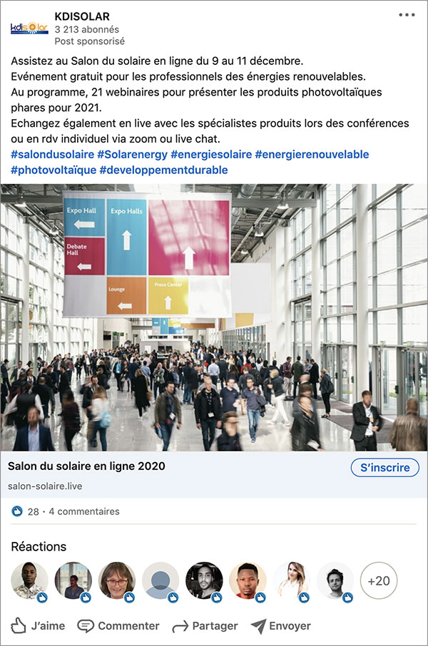Exemple de Campagne LinkedIn Salon du solaire Exemple de Campagne LinkedIn menée par BlueMarketing