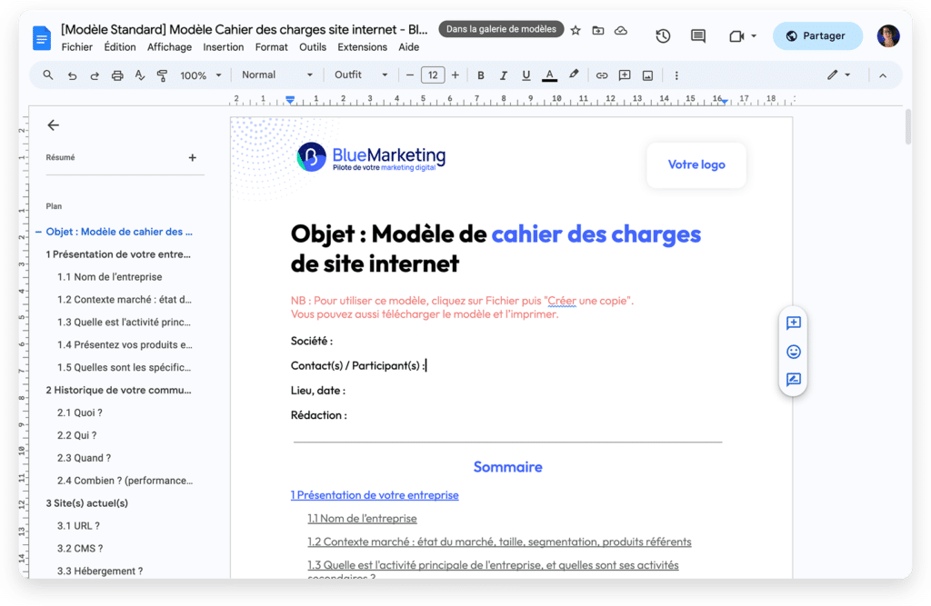 Modèle cahier des charges site internet